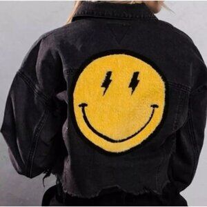 Black Denim Jacket with Yellow Smiley Patch